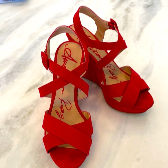 American Rag Shoes - American rag red suede style wedge strappy “RACHEY”sandal.